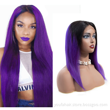 Top 12A Brazilian Virgin 100% Human Hair 4x4 HD Lace Closure Wigs Raw Hair Ombre Color 1b/purple Transparent Lace Frontal Wig